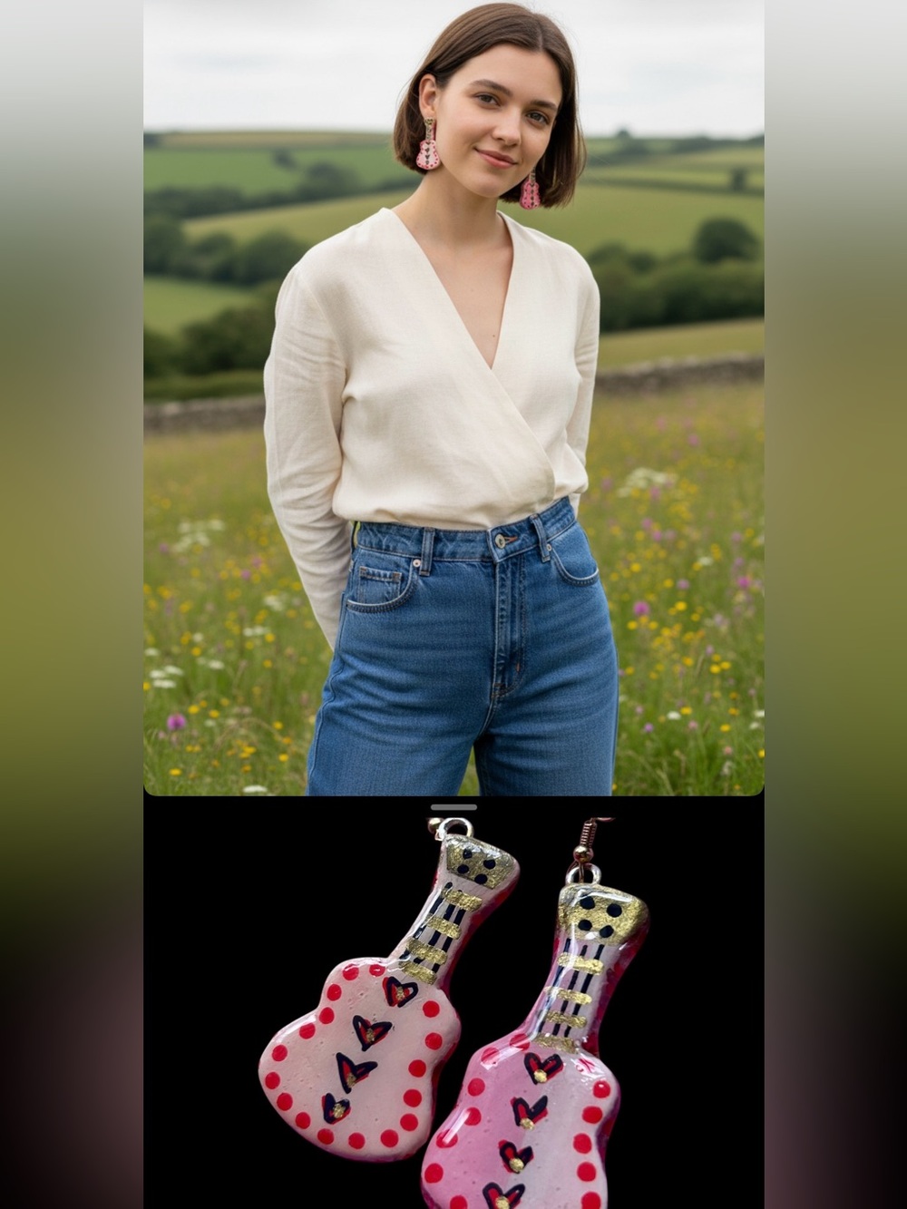 Hand-Painted Handmade Cold Pressed Clay Guitar Dangle Earrings